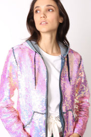 SEQUIN HOODIE DENIM JACKET - sustainably made MOMO NEW YORK sustainable clothing, preorder slow fashion