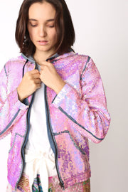 SEQUIN HOODIE DENIM JACKET - sustainably made MOMO NEW YORK sustainable clothing, preorder slow fashion