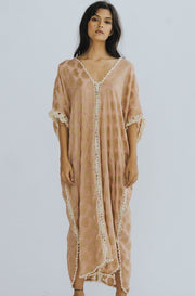 SILK CROCHET EMBROIDERED KAFTAN CAMELLA - sustainably made MOMO NEW YORK sustainable clothing, crochet slow fashion