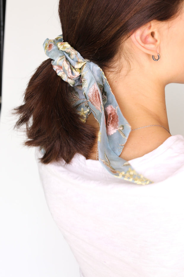 SILK EMBROIDERED COTTON SCRUNCHIE BOW - sustainably made MOMO NEW YORK sustainable clothing, slow fashion