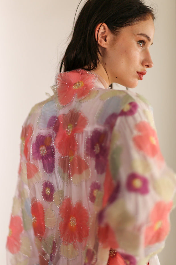 SILK FLOWER EMBELLISHED KIMONO ULISA - sustainably made MOMO NEW YORK sustainable clothing, Kimono slow fashion