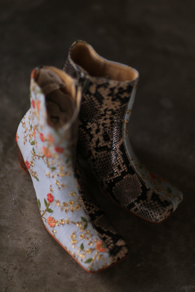 SPLIT SNAKE SKIN LEATHER EMBROIDERED SILK BOOTS - sustainably made MOMO NEW YORK sustainable clothing, boots slow fashion