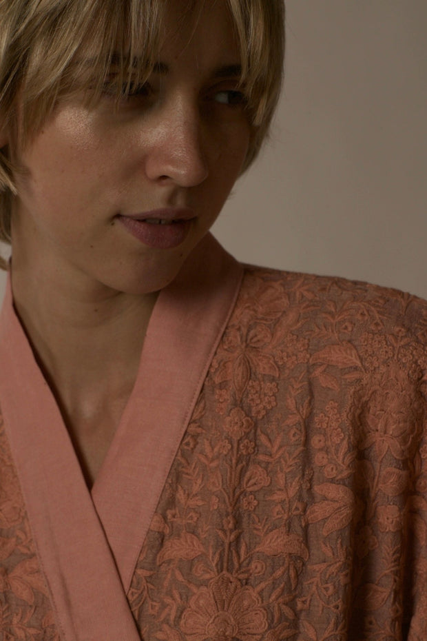 TUSSER SILK PEACH EMBROIDERED KIMONO ZOLA - sustainably made MOMO NEW YORK sustainable clothing, slow fashion