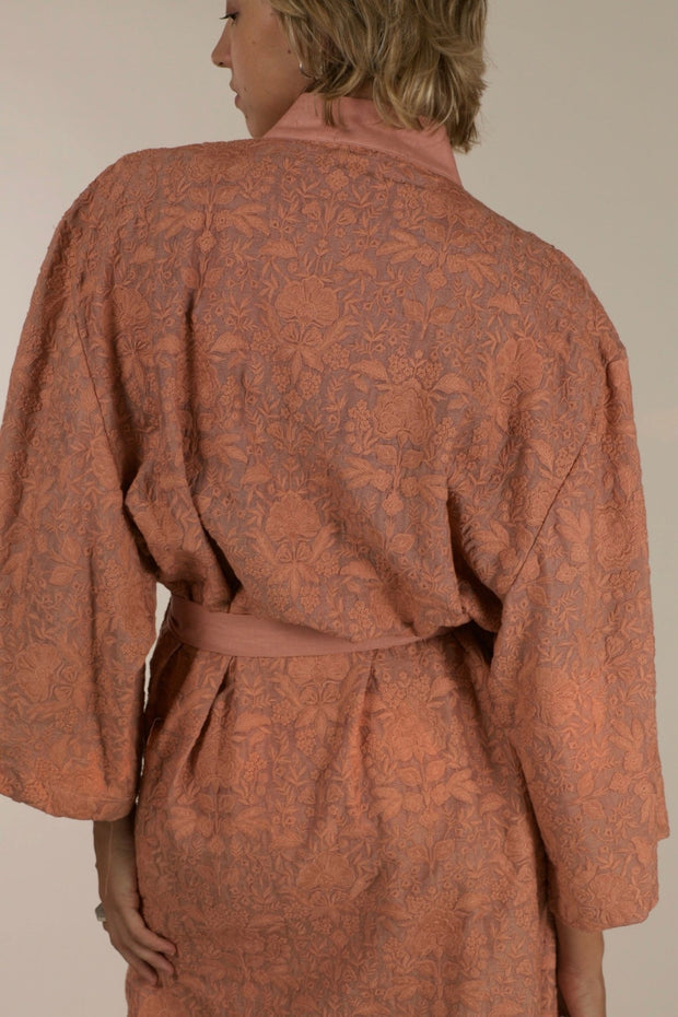 TUSSER SILK PEACH EMBROIDERED KIMONO ZOLA - sustainably made MOMO NEW YORK sustainable clothing, slow fashion