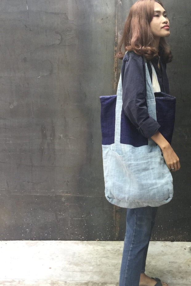 TWO TONE INDIGO SHOULDER BAG RACHEL - sustainably made MOMO NEW YORK sustainable clothing, samplesale1022 slow fashion