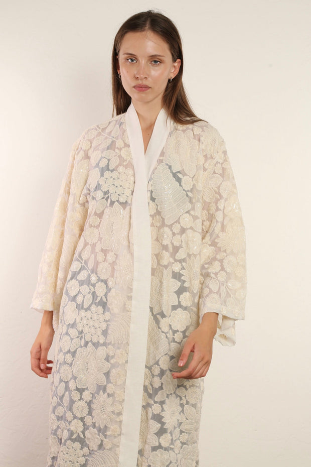 WHITE CREAM LACE FLOWER KIMONO - sustainably made MOMO NEW YORK sustainable clothing, kimono slow fashion