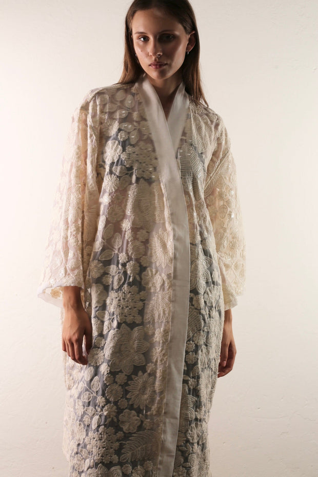 WHITE CREAM LACE FLOWER KIMONO - sustainably made MOMO NEW YORK sustainable clothing, kimono slow fashion