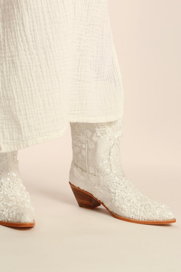 WHITE EMBROIDERED SEQUIN WEDDING BOOTS ODE - sustainably made MOMO NEW YORK sustainable clothing, boots slow fashion