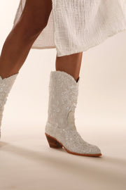 WHITE EMBROIDERED SEQUIN WEDDING BOOTS ODE - sustainably made MOMO NEW YORK sustainable clothing, boots slow fashion