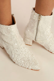 WHITE SEQUIN EMBROIDERED WEDDING BOOTS ODECIA - sustainably made MOMO NEW YORK sustainable clothing, boots slow fashion